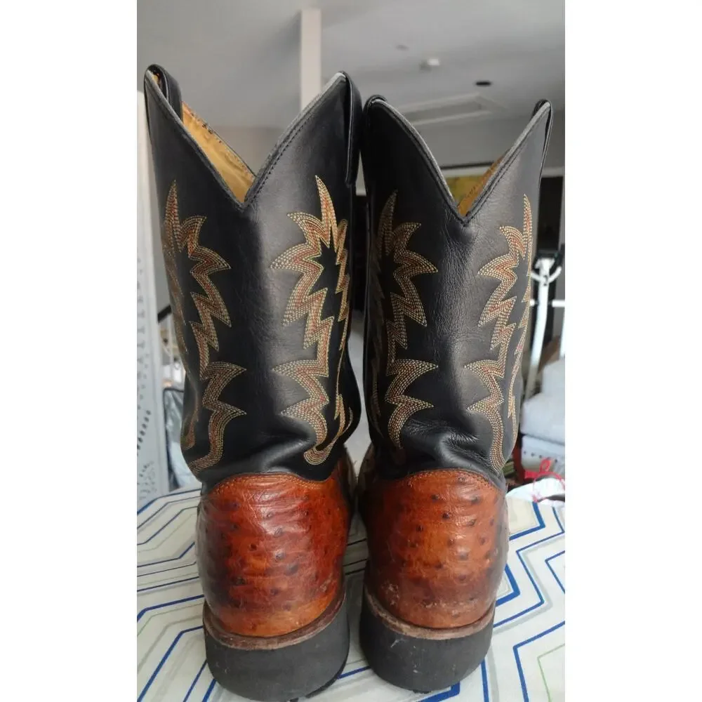 Vintage JUSTIN Ostrich Leather Brown Black Western Cowboy Boot Men 12 Full Quill